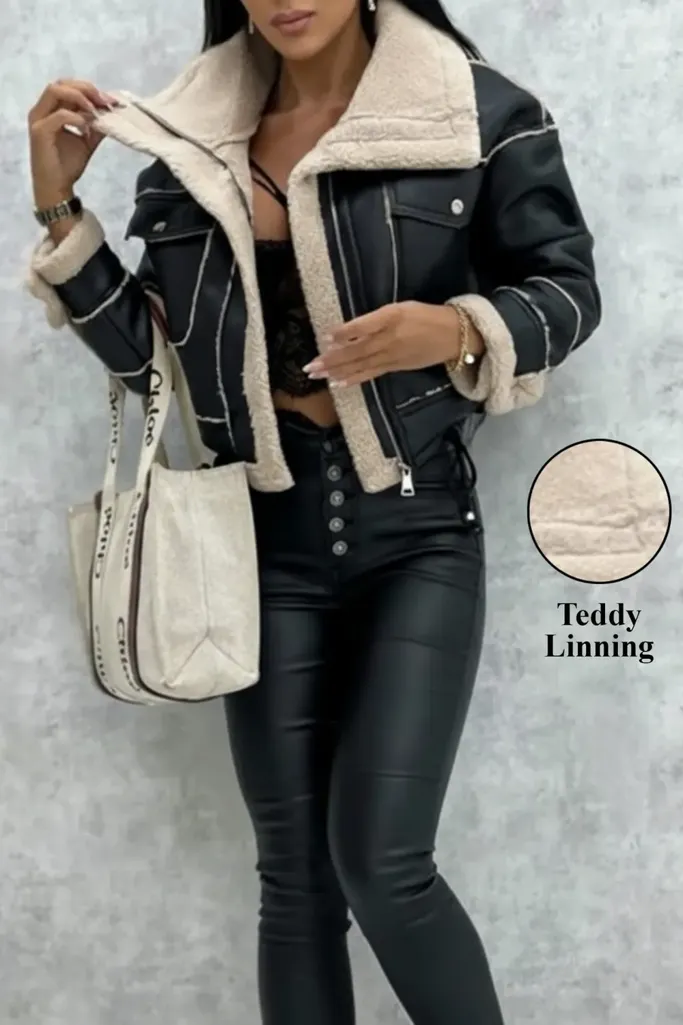 Black PU Fleece Lined Jacket - Image 1
