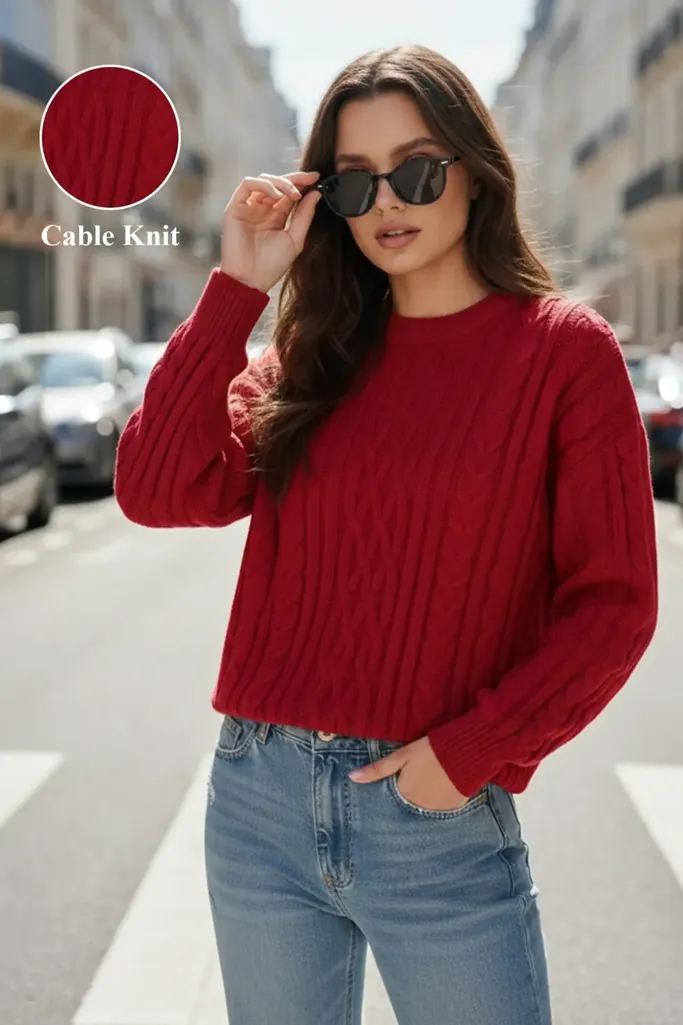 Red Solid Crew Neck Sweater - Image 1