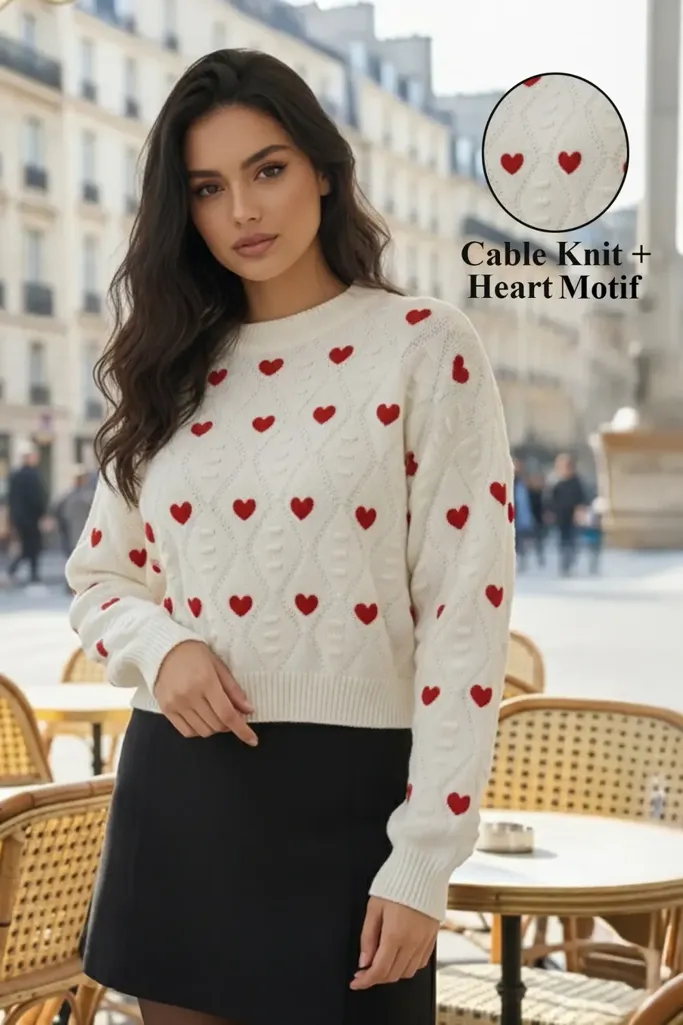 White Heart Print Crew Neck Sweater - Image 1