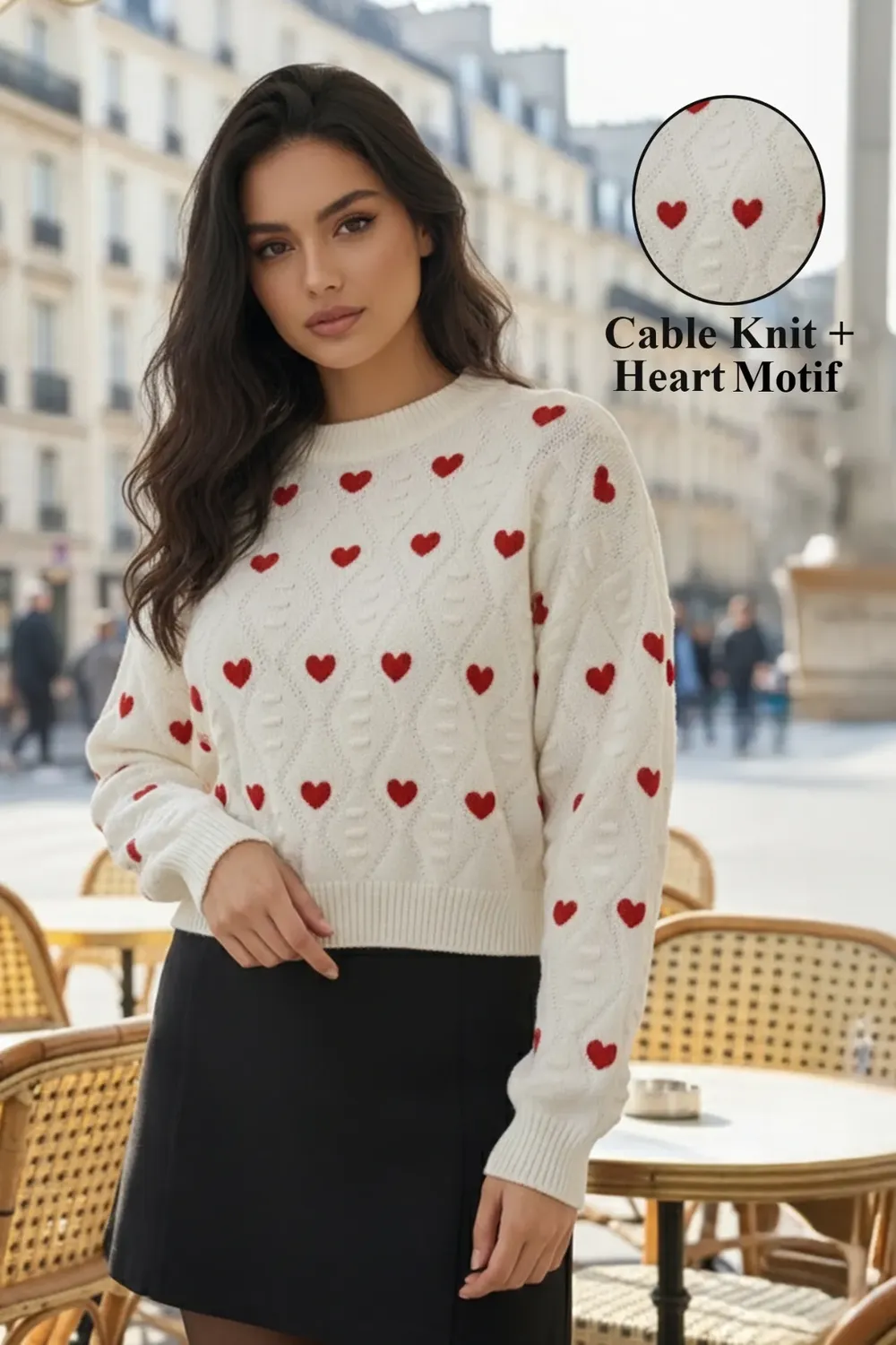White Heart Print Crew Neck Sweater