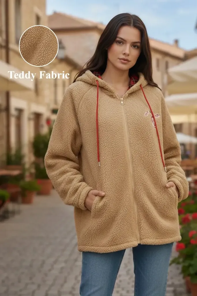 Khaki Oversized Fleece Hooded Jacket - Image 1