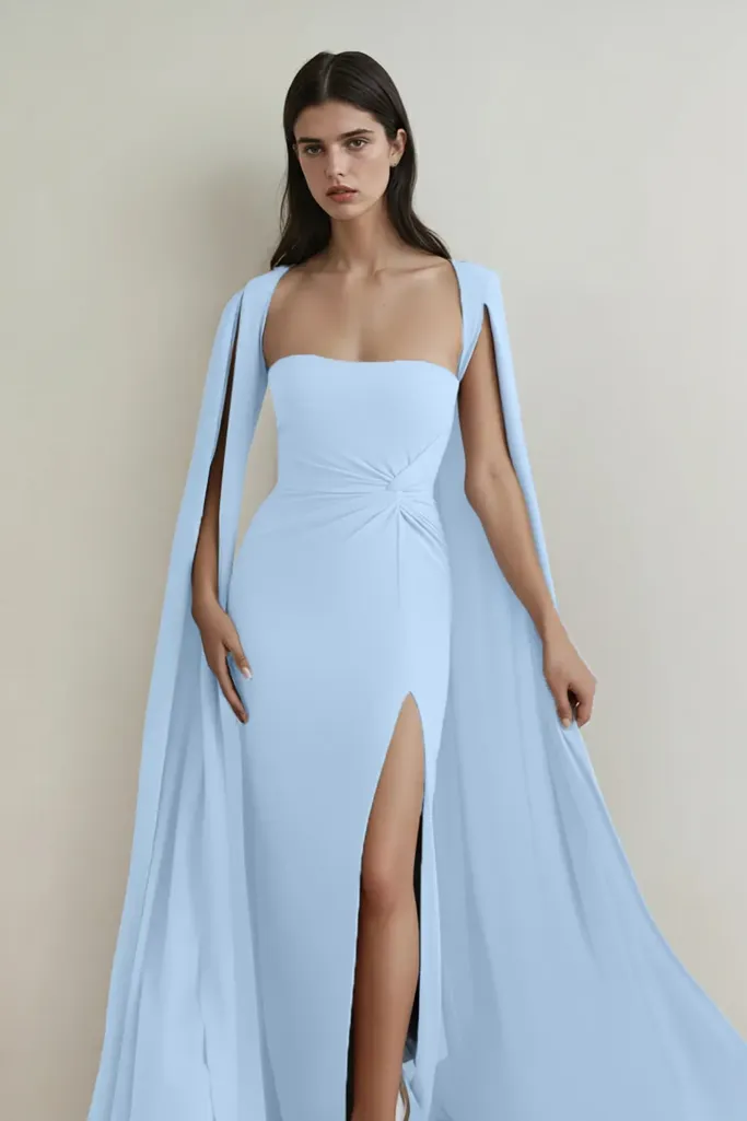 Light Blue Cape Maxi Bodycon Dress - Image 1