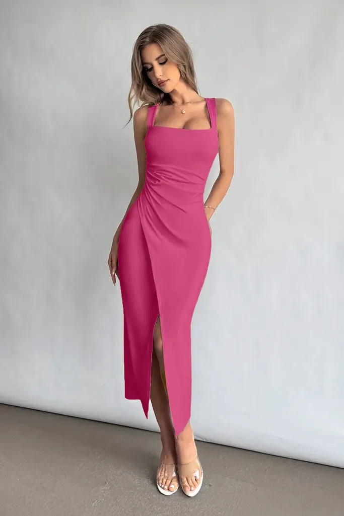 Pink Square Neck Midi Dress - Image 1