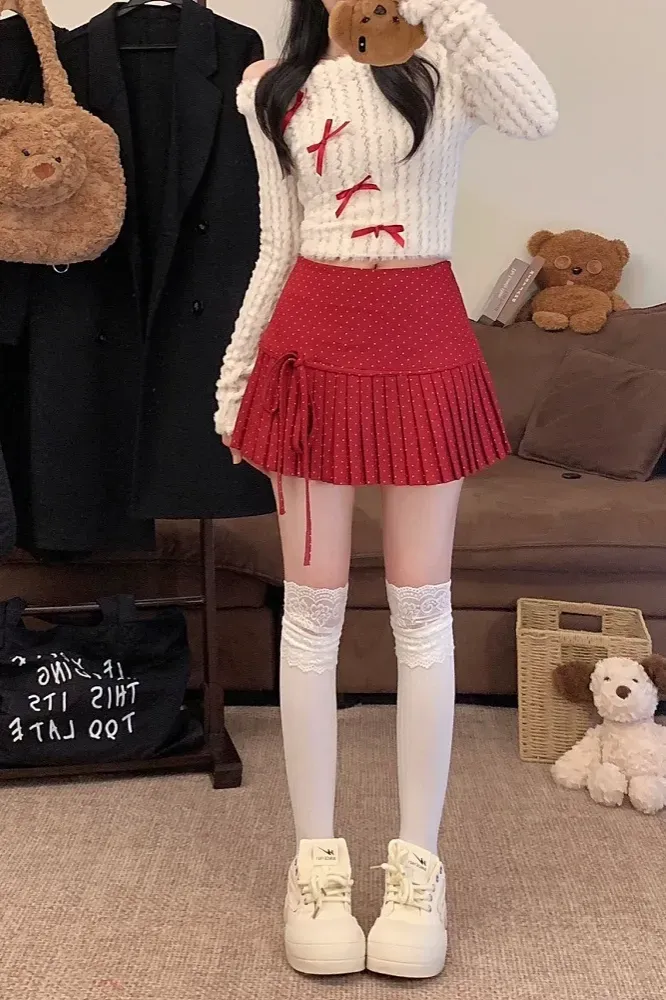 Red Pleated Polka Dot Mini Skort - Image 1