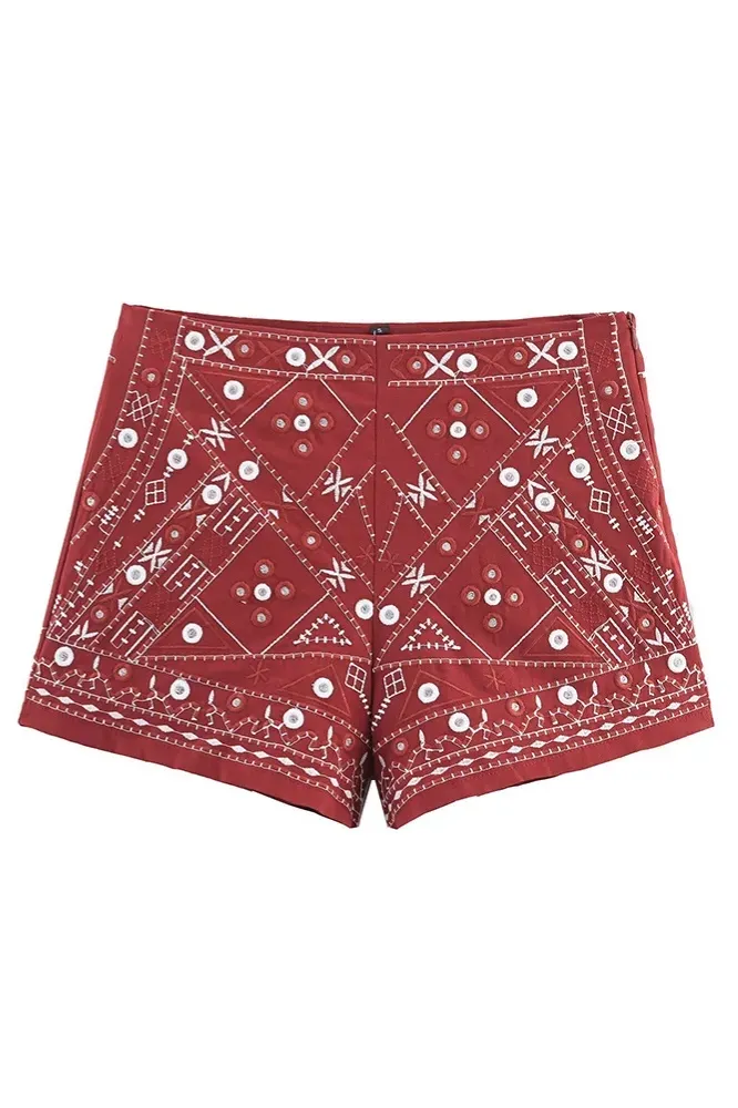 Red Embroidered Infusion Shorts - Image 1