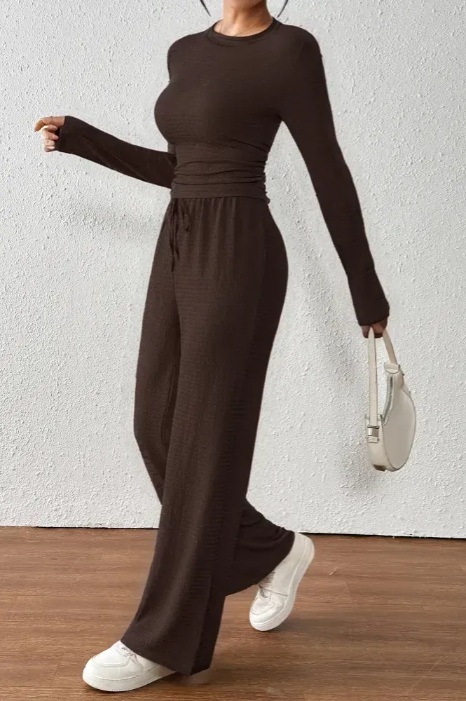 Brown Solid Crew Neck Co-Ord Set - Image 1
