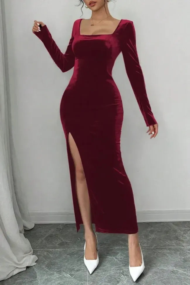 Maroon Solid Slit Maxi Bodycon Dress - NEWME