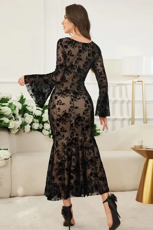 Black Floral Midi Mermaid Dress - NEWME