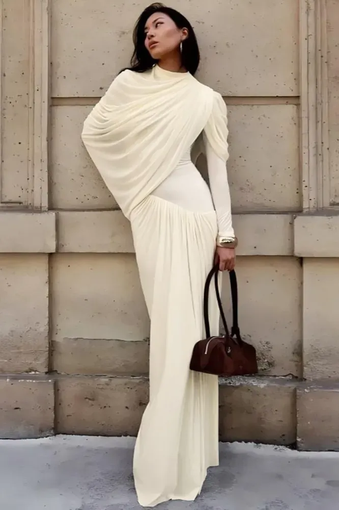 Cream Solid Draped Maxi Dress - Image 1