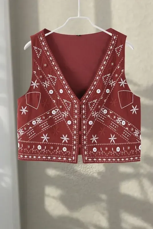 Red Embroidered V-Neck Top - Image 1