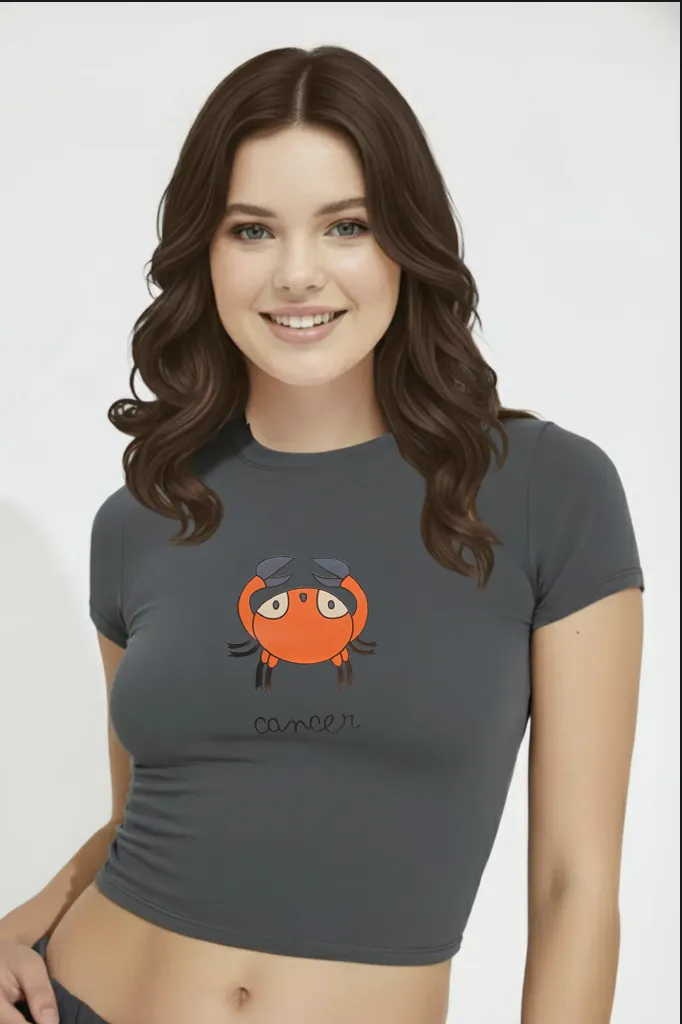Dark Grey Graphic Crew Neck Crop T-Shirt - Image 1