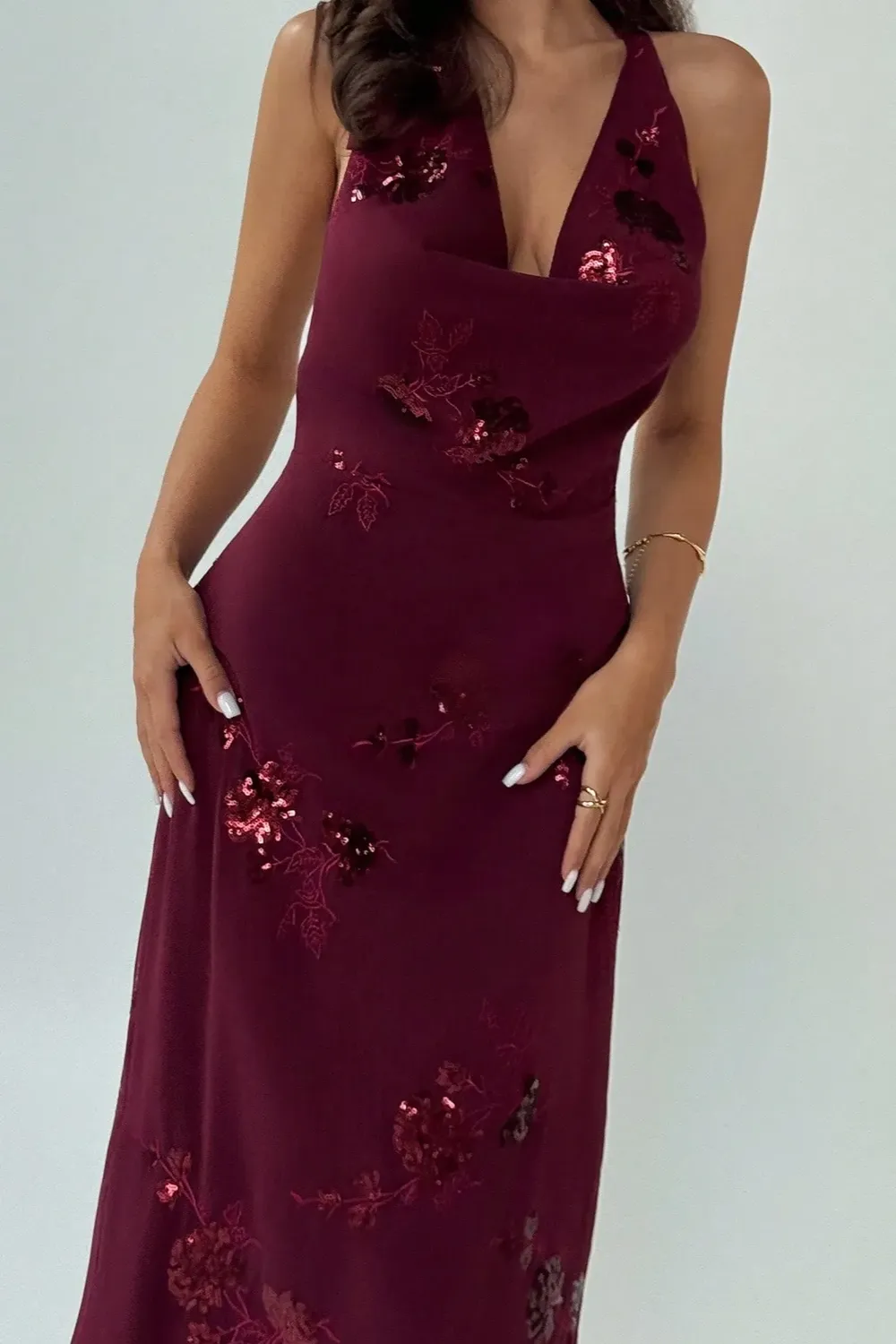 Wine Sequin Halter Maxi Dress