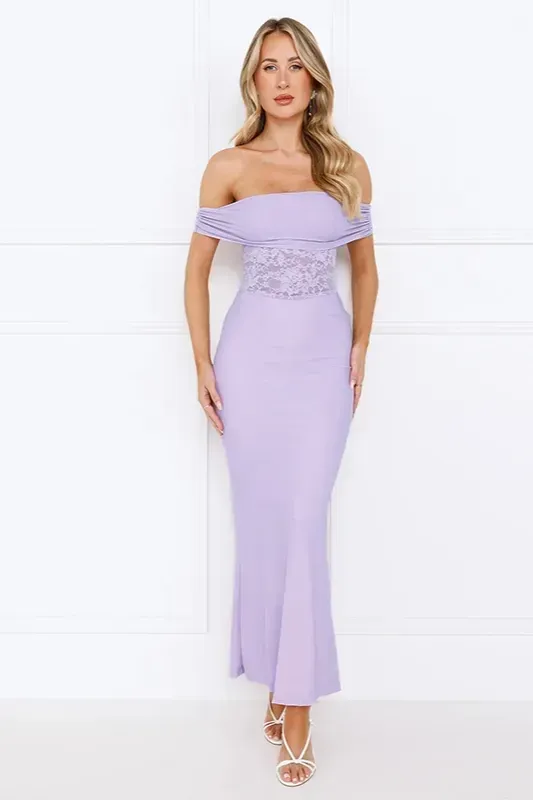 Lavender Off-Shoulder Lace Dress - Image 1