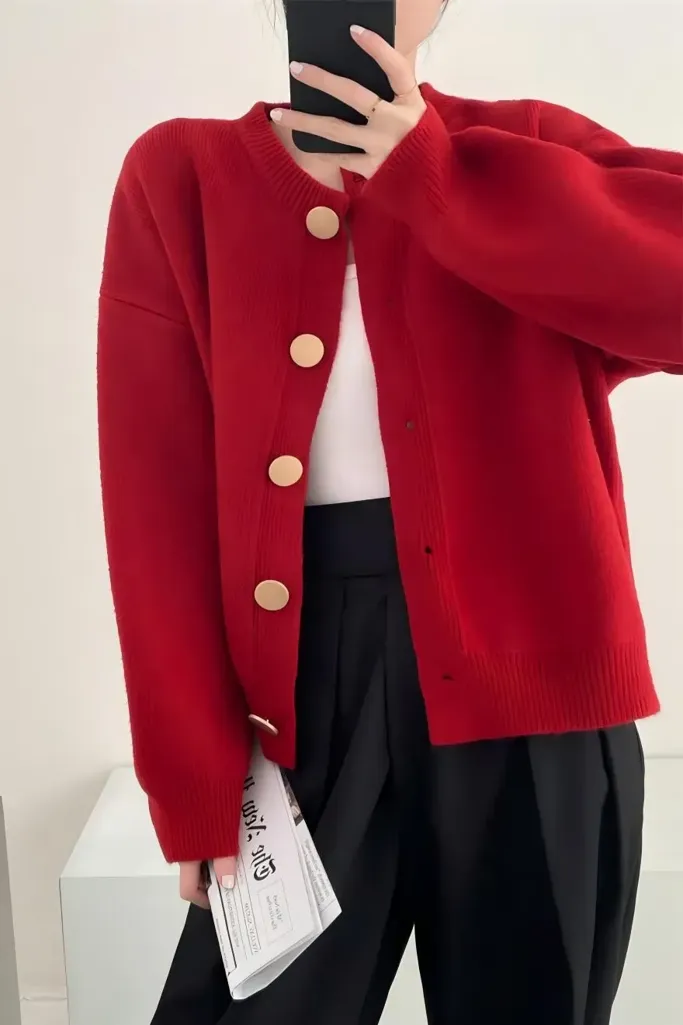 Red Solid Buttoned Down Cardigan - Image 1