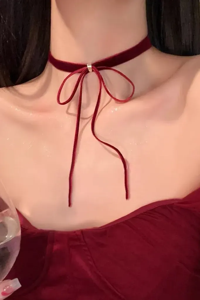 Burgundy Bow Choker Necklace - Image 1