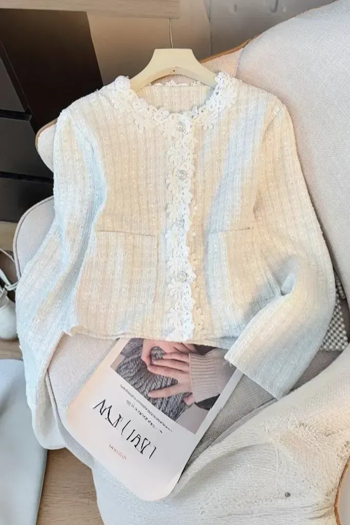 White Solid Lace Tweed Jacket - NEWME