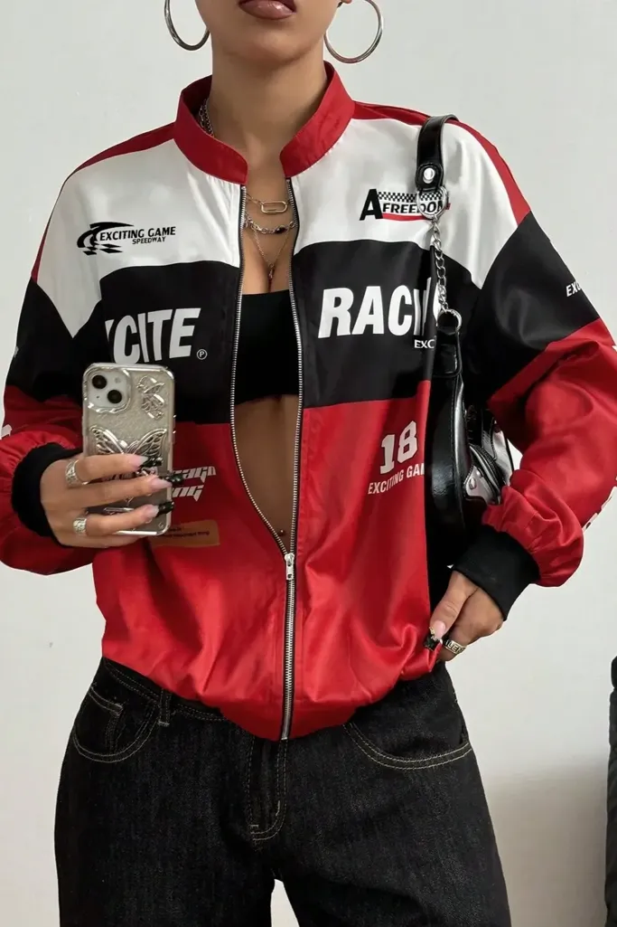 Red Graphic Zipper Bomber Jacket - Image 1