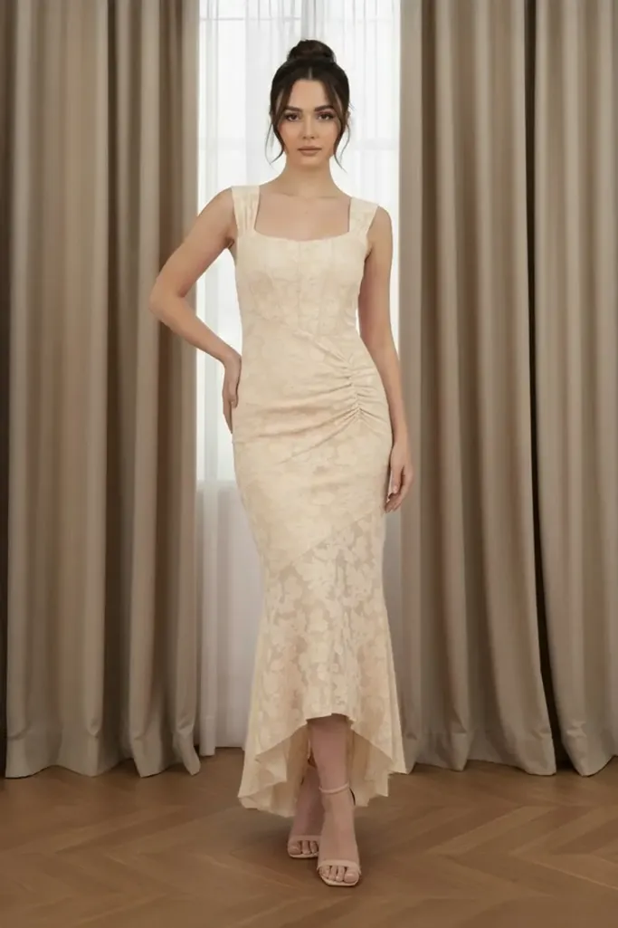 Beige Ruched Floral Mermaid Maxi Dress - Image 1