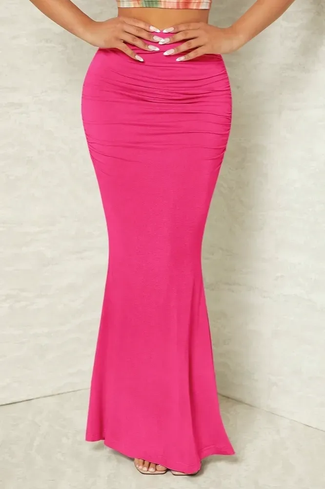 Pink High-Rise Ruched Maxi Skirt - Image 1