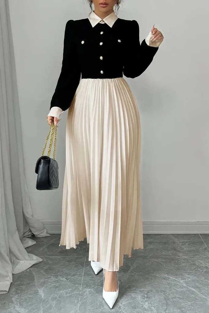 Black Pleated Maxi A-Line Dress - Image 1