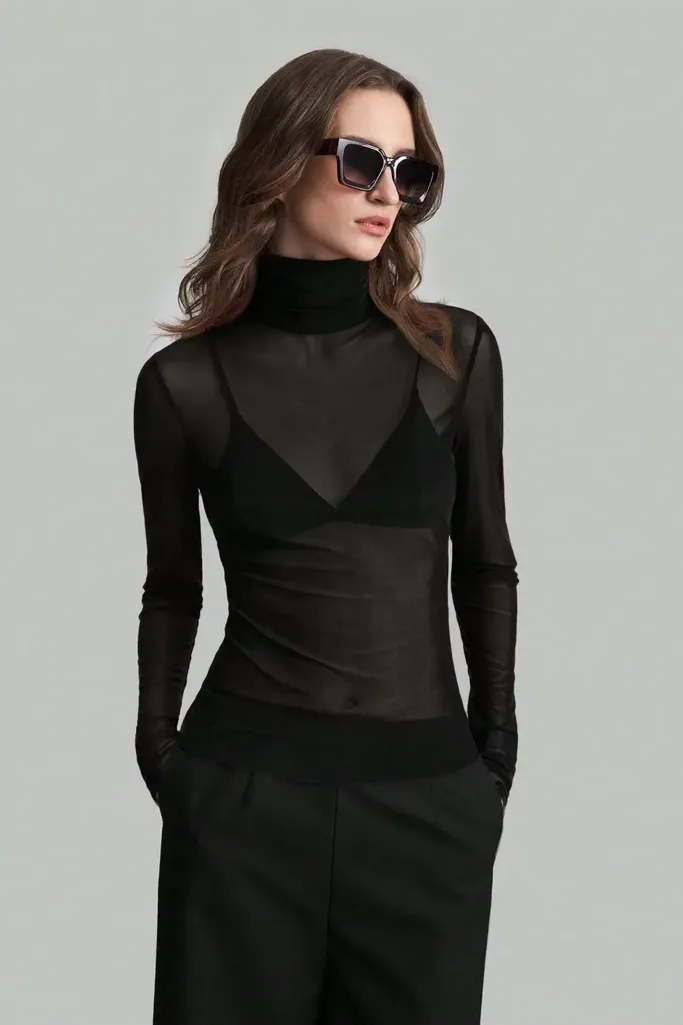 Black Solid Sheer Turtle Neck Top - Image 1