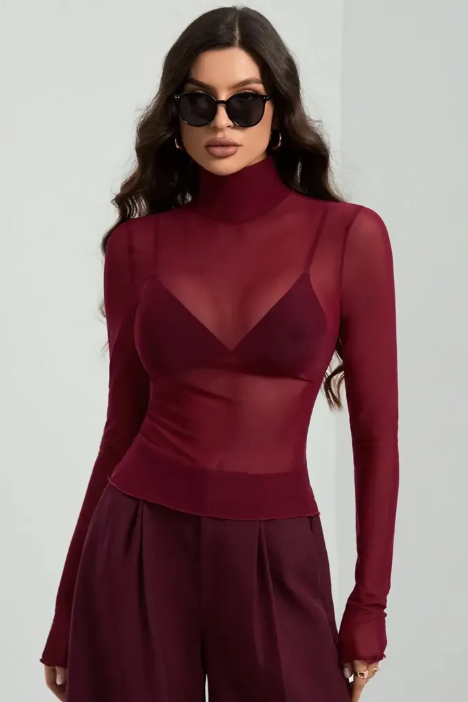 Maroon Solid Sheer Turtle Neck Top - Image 1