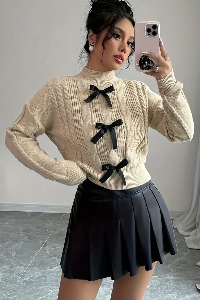 Beige Mock Neck Ribbon Sweater - Image 1