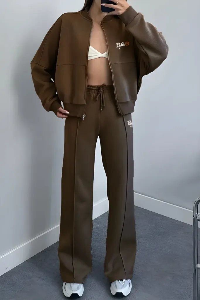 Brown Graphic Zip-Up Co-Ord Set - Image 1