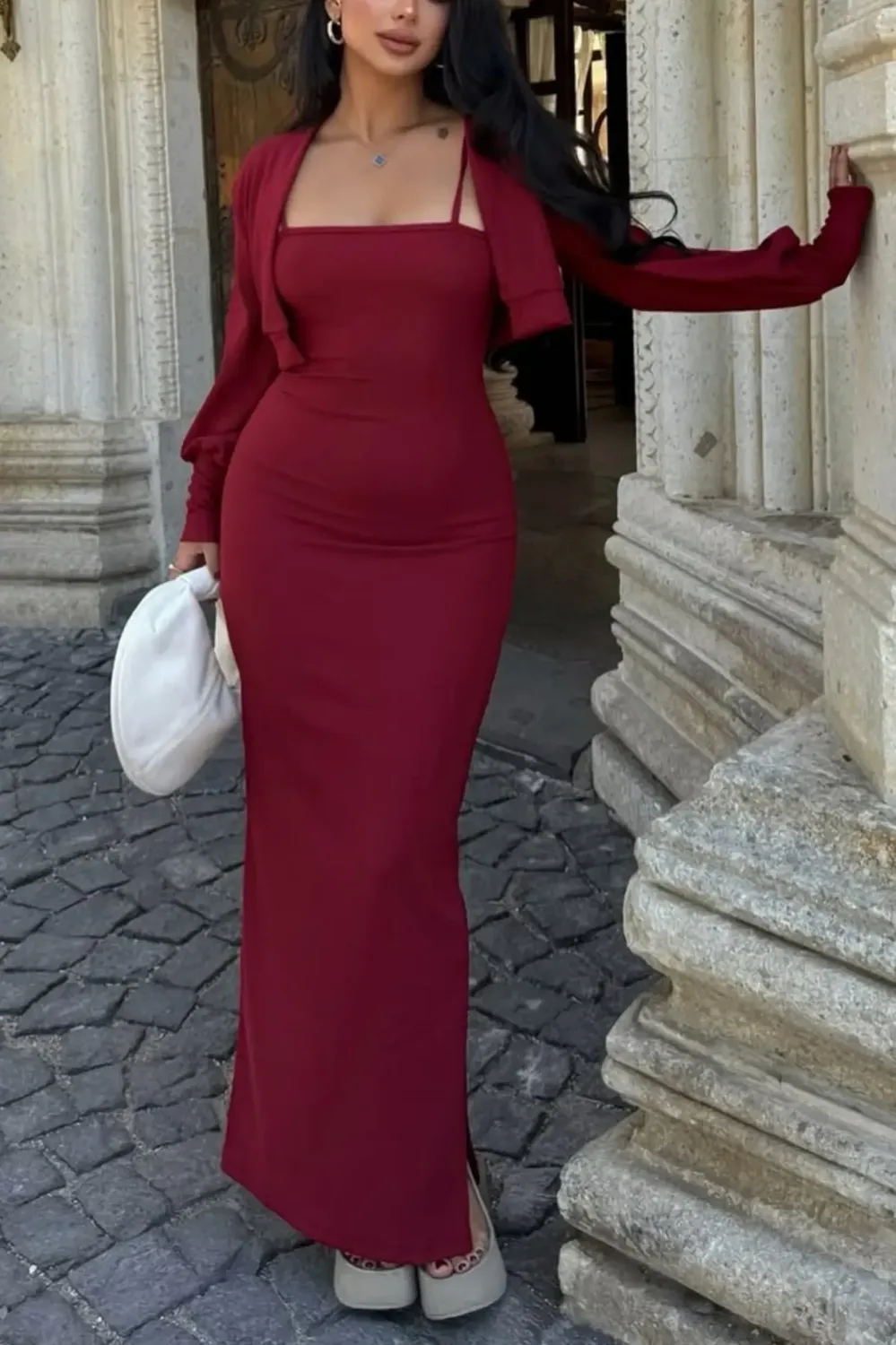 Maroon Square Neck Maxi Dress With Cardigan