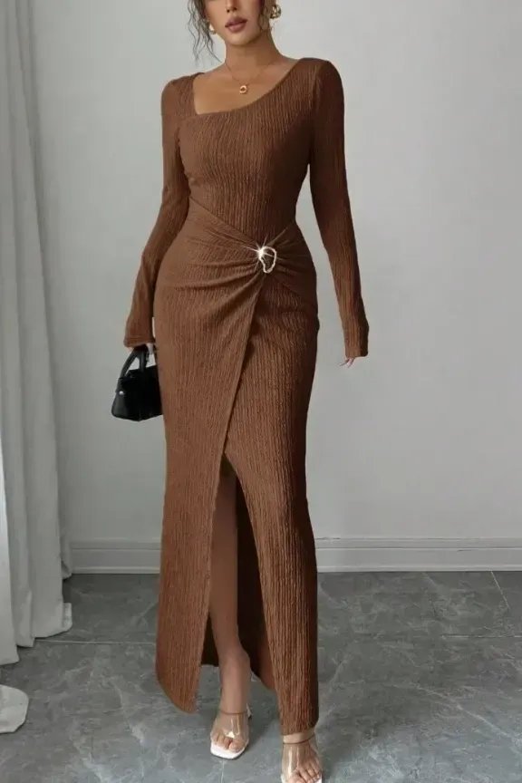 Brown Solid Slit Maxi Dress - Image 1