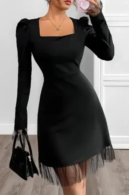Black Ruffled Square Neck Mini Dress - Image 1