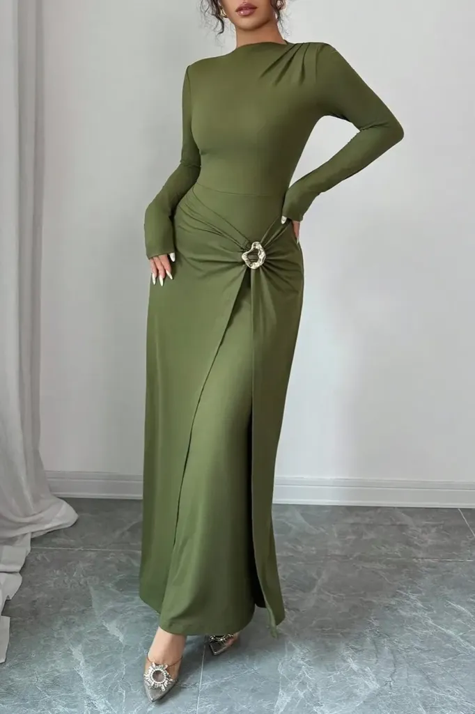 Olive High Neck Bodycon Maxi Dress - Image 1