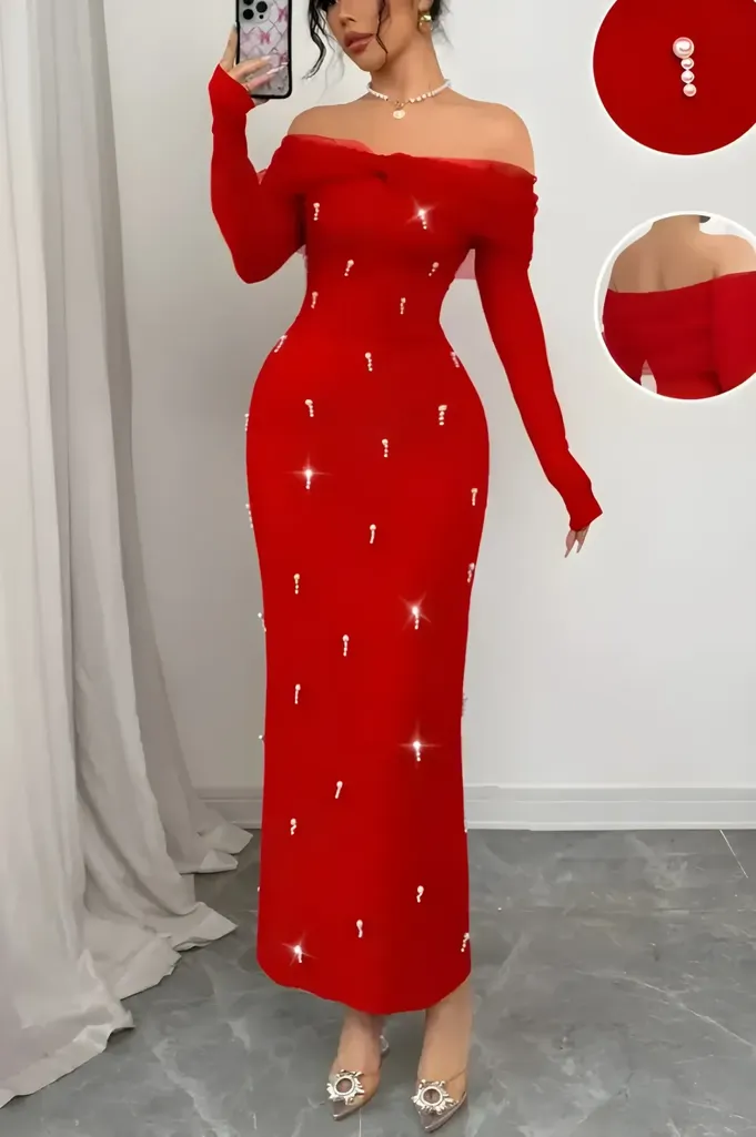 Pearl Embellished Red Bodycon Dress - Image 1