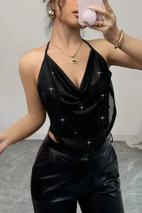Black Draped Glitter Halter Top - Image 1