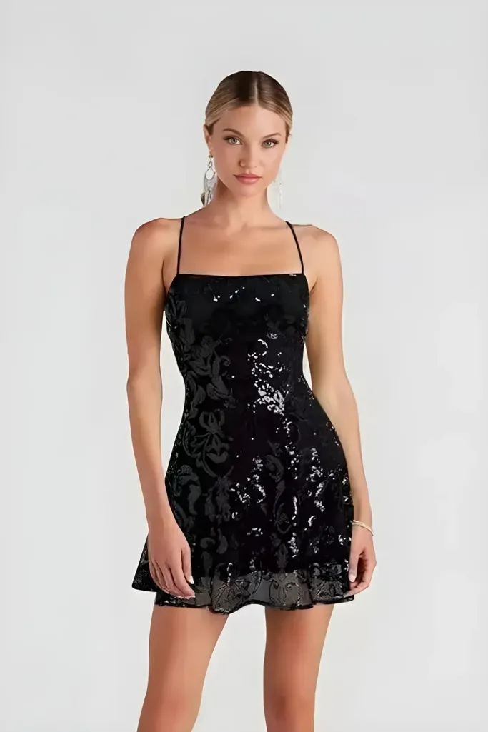 Black Floral Square Neck Tie-Up Mini Dress - Image 1