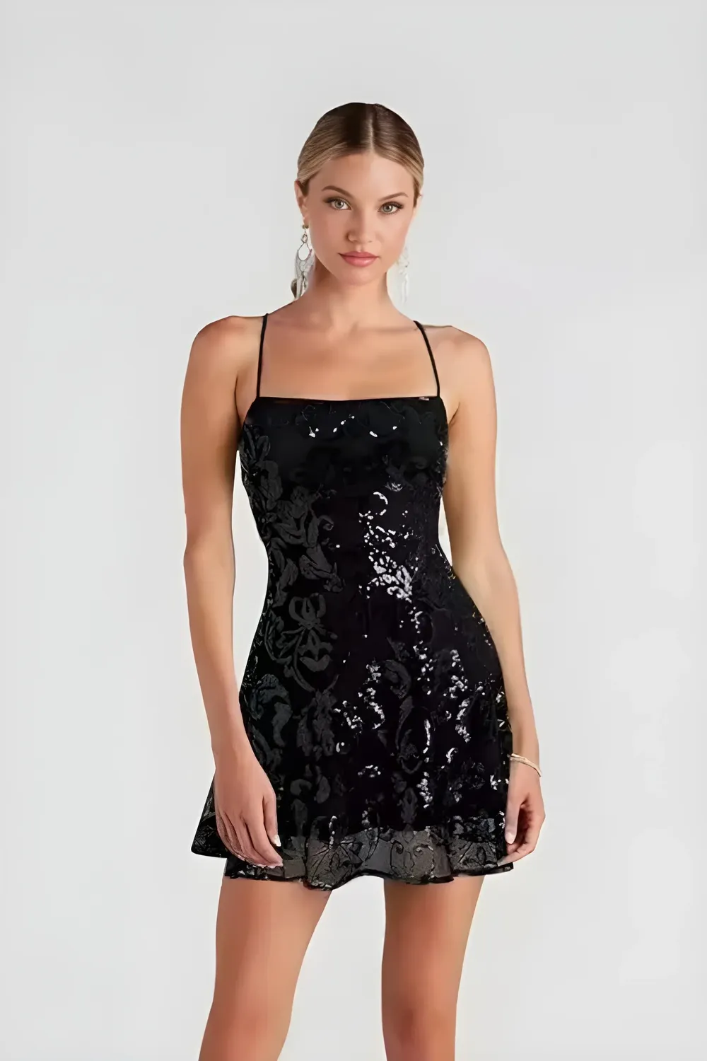 Black Floral Square Neck Tie-Up Mini Dress
