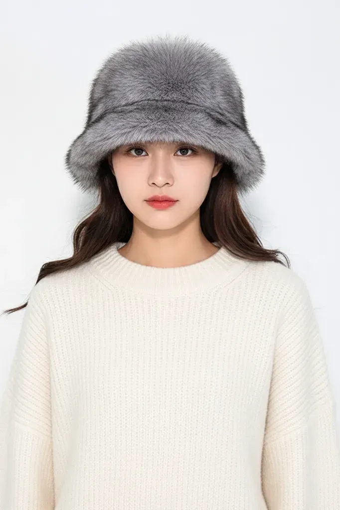 Grey Solid Faux Fur Beanie - Image 1