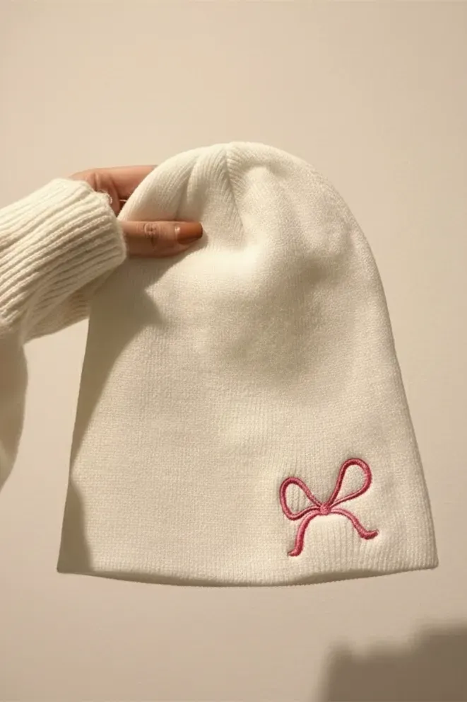 White Solid Embroidered Beanie - Image 1