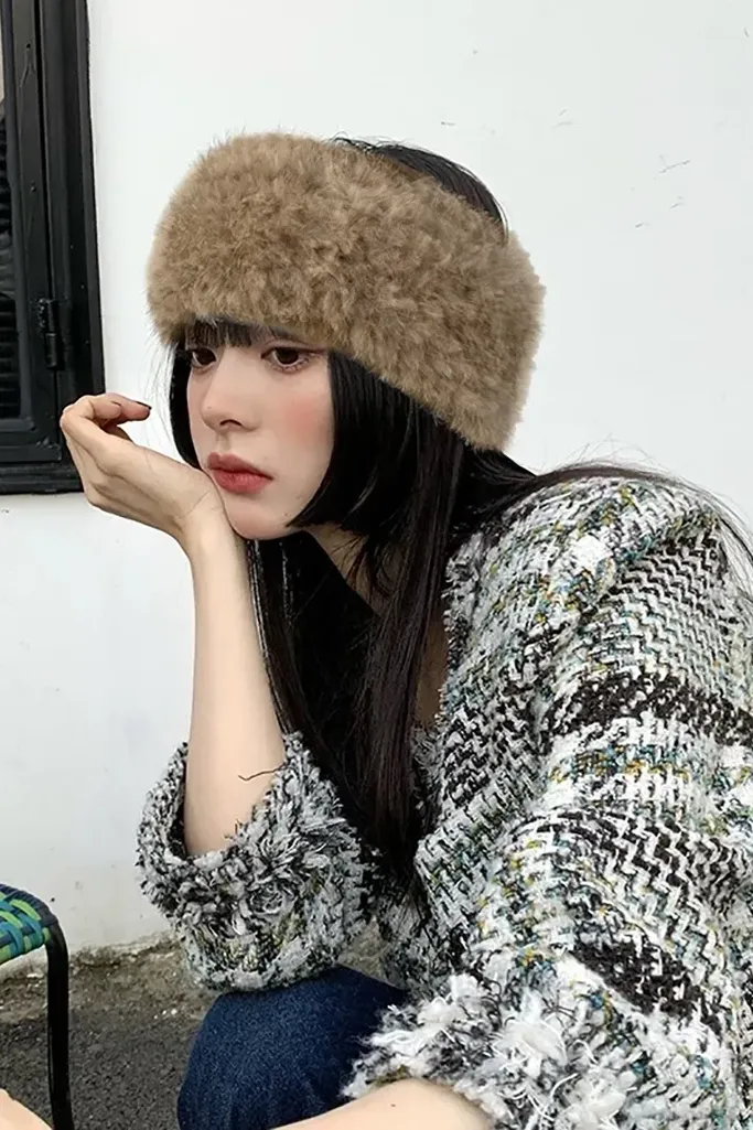 Beige Solid Fur Hair Band - Image 1