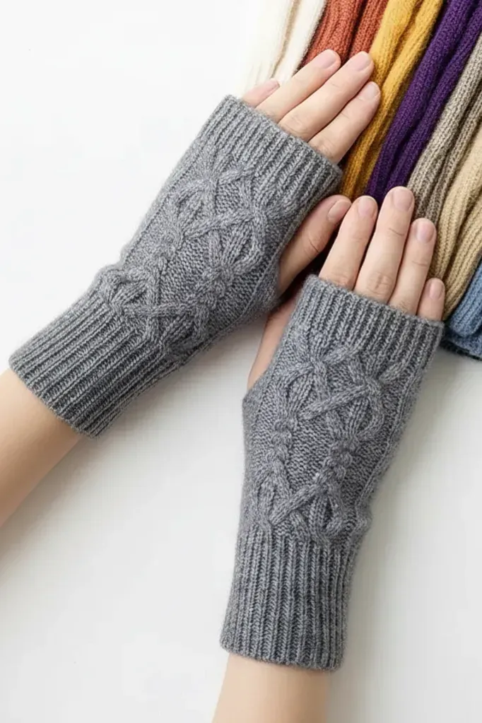 Grey Solid Textured Thumbhole Gloves - Image 1