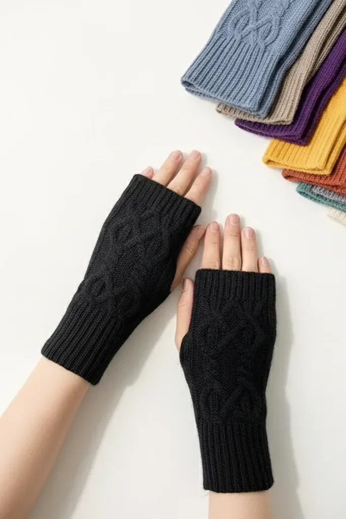 Black Solid Textured Thumbhole Gloves - Image 1