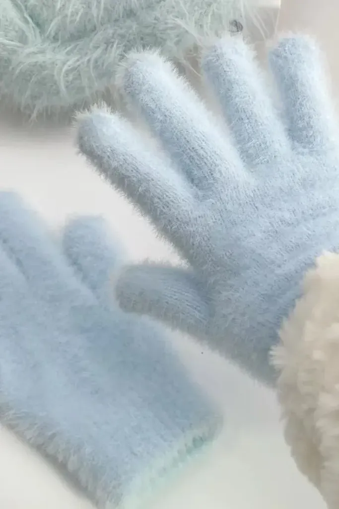 Light Blue Solid Fur Gloves - Image 1