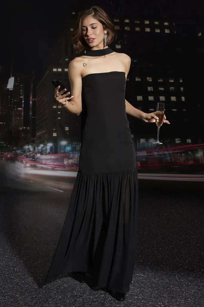 Black Shimmer Maxi Dress With Scarf - Image 1