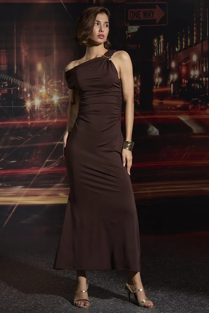 Brown Solid Asymmetric Maxi Dress - Image 1