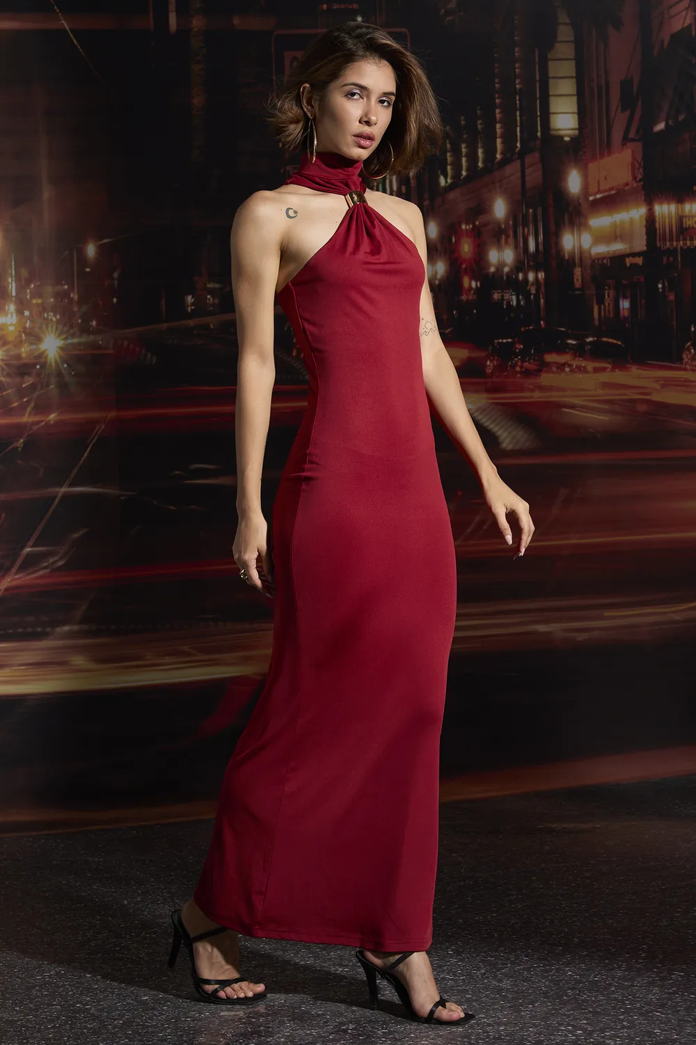 Maroon Solid High Neck Maxi Dress