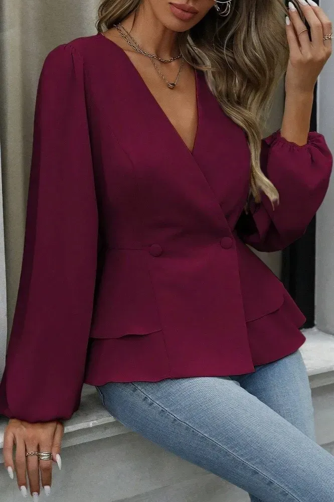 Wine Fitted V-Neck Blazer - Image 1