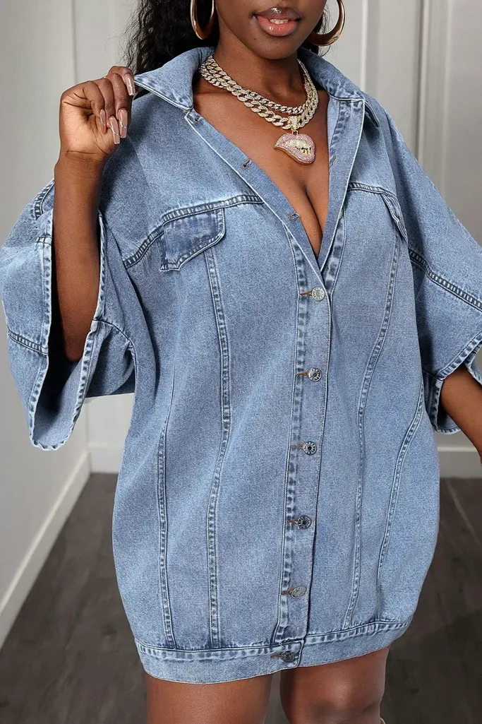 Blue Oversized Denim Buttoned Dress - Image 1