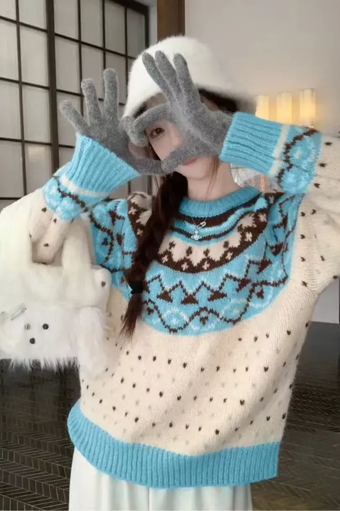 Light Blue Geometric Crew Neck Sweater - Image 1