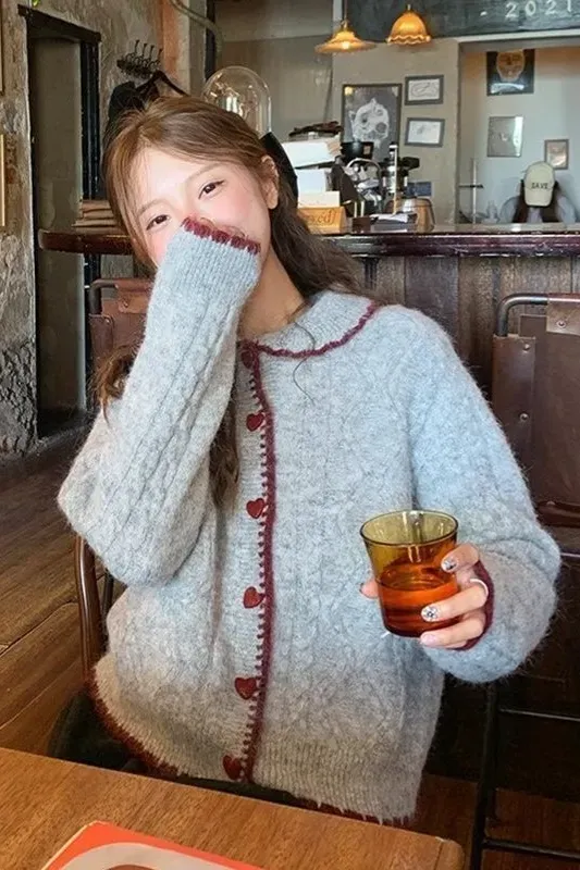 Light Grey Heart Buttoned Cardigan - NEWME