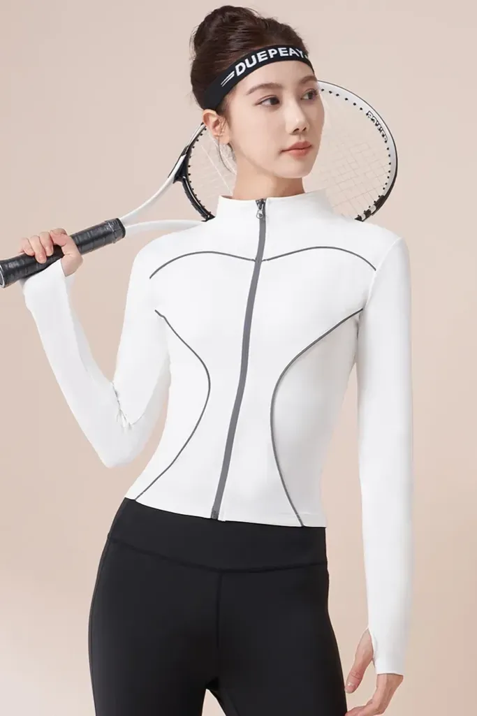 White High-Neck Fitted Sports Jacket - Image 1